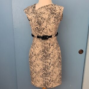 Saks Fifth Avenue Snake-Print Cap Sleeve Belted Sheath Dress in Beige and Black